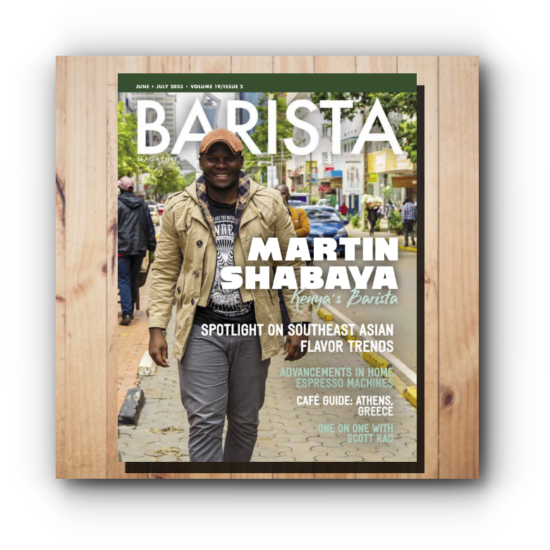 The cover of the June + July 2023 issue of Barista Magazine featuring Kenya's Martin Shabaya on the cover. He is pictured walking down a busy street in Nairobi.