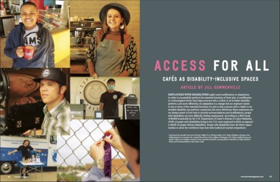 Opening spread for February + March 2021 issue article on Accessibility for All in cafes