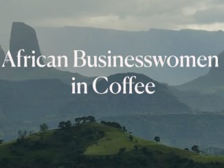 This is a title photo that features a landscape in Ethiopia. There are mountains and clouds covering a bright sun sky. The title reads African businesswomen in coffee.