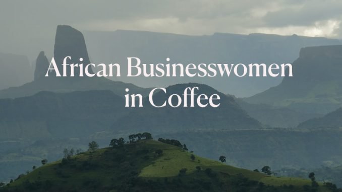 This is a title photo that features a landscape in Ethiopia. There are mountains and clouds covering a bright sun sky. The title reads African businesswomen in coffee.