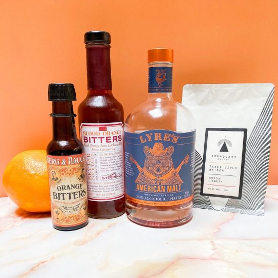 Four bottles of ingredients to make The Revolver Cocktail.