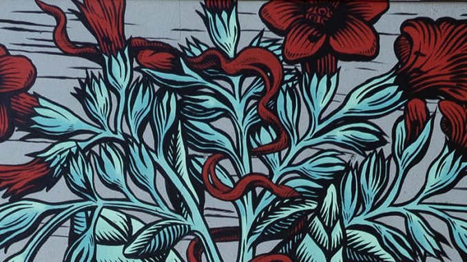 A linocut design of a bouquet of roses drawn by Kill Joy. They are bright red.