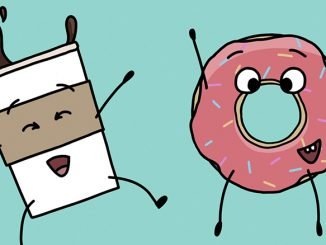 A cartoon of a donut and a coffee cup smiling and dancing.