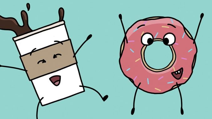 A cartoon of a donut and a coffee cup smiling and dancing.