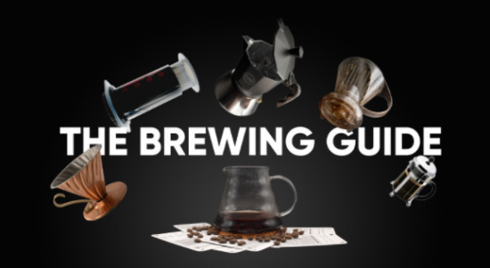 A text photo with four brewing devices over a pot of coffee. It says the brewing guide.