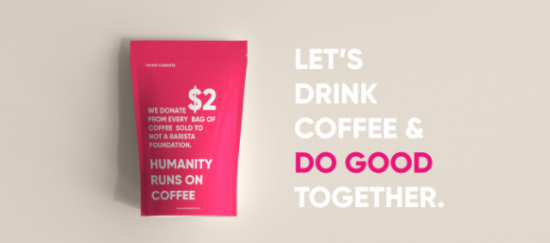 A pink bag of coffee amidst a white backdrop that says let's do good.