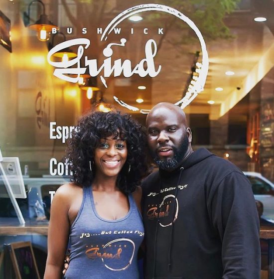Bushwick Grind is a Black owned cafe that hopes to open a new location with an urban farm. The owners are pictured here smiling in front of their business.