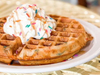 A closeup of a colorful waffle.