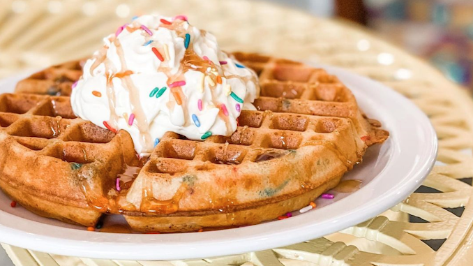 A closeup of a colorful waffle.