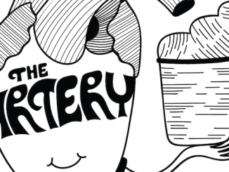 A cartoon of a black and white artery smiling with the artery in bold lettering inside, holding a coffee cup.