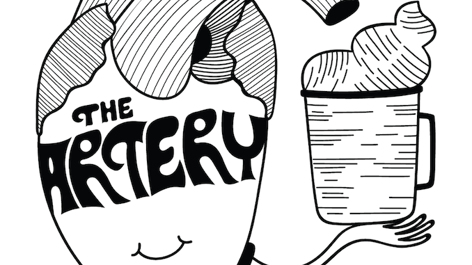 A cartoon of a black and white artery smiling with the artery in bold lettering inside, holding a coffee cup.