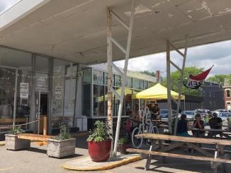 The exterior of a gas station turned into coffee shop by Tandem in Maine.