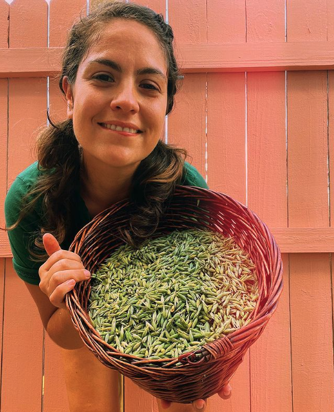 Liliana Ruiz-Healy with a basket of milky oats