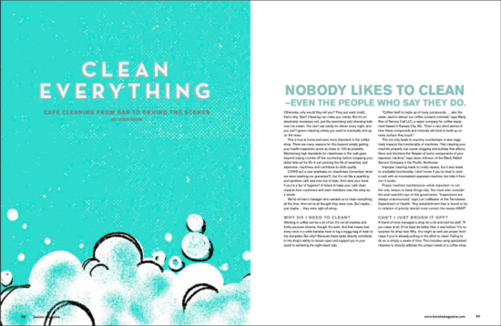 Clean Everything Doble página de la edición de aniversario de abril + mayo de 2022 de Barista Magazine.