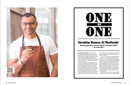 Ibrahim Hamza Al Mallouhi One On One doble página de la edición de aniversario de abril + mayo de 2022 de Barista Magazine.