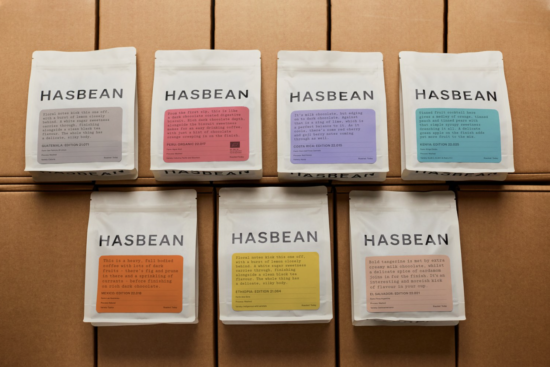 Hasbean Coffee's rebranded packaging at the World of Coffee Design Awards competition.