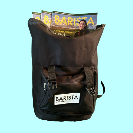 A BMag Backpack holding 3 copies of the August + September '22 issue.