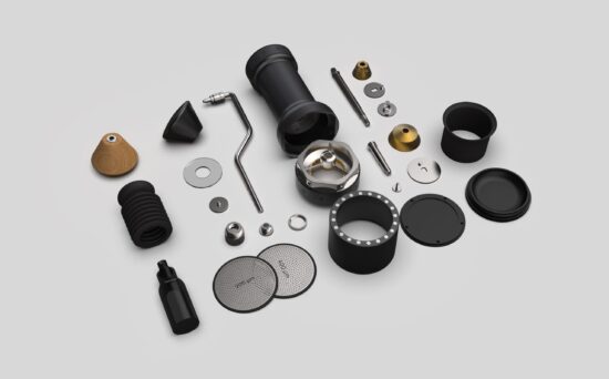 A deconstructed MOMENTEM grinder displaying all of its parts.
