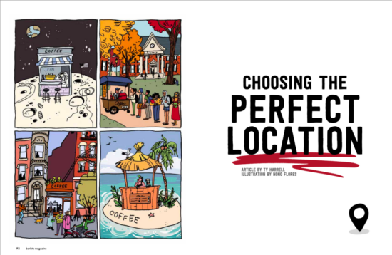 "Choosing the Perfect Location" article spread in Barista Magazine.