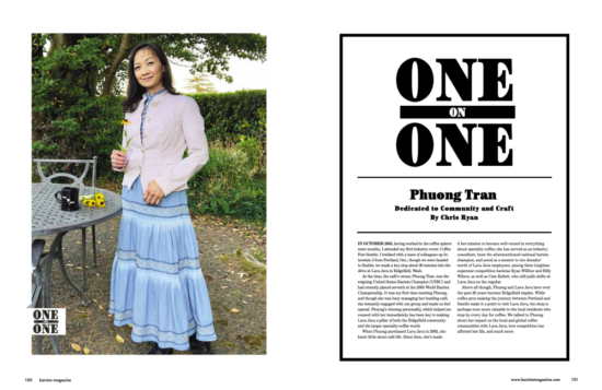 The opening spread of 'One on One: Phuong Tran' from the October + November 2022 issue of Barista Magazine.