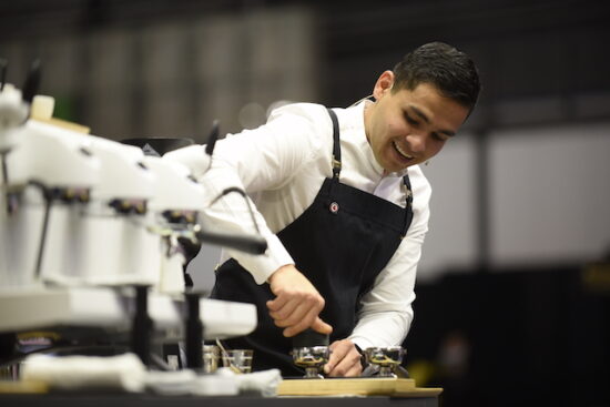 2021 World Barista Championship winner Diego Campos competing in Milan, Italy.