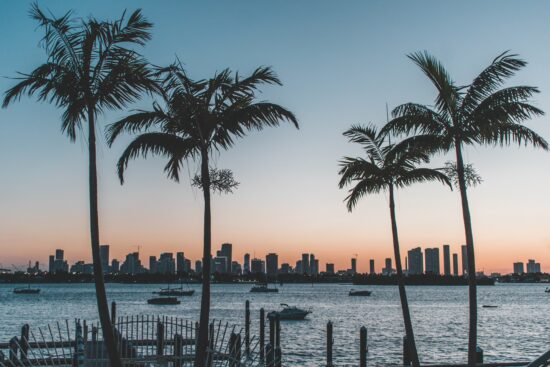 A view from a beach across the water from Miami. Palm trees are in the foreground, with small motorboats just off the shore, followed by colorful sky and Miami's skyline of tall buildings.