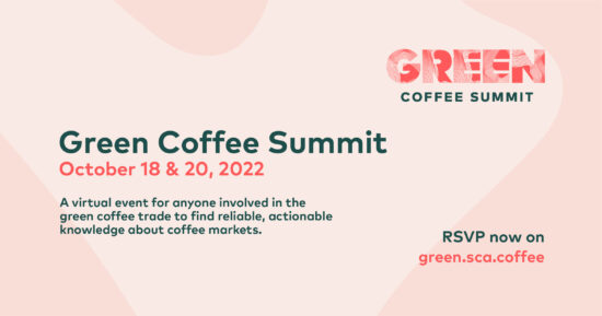 Grafik, die für den Green Coffee Summit erstellt wurde, mit dem Logo, den Daten und den Informationen der Veranstaltung, auf die Sie unter green.sca.coffee antworten können