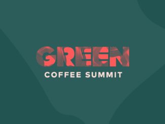 Green Coffee Summit Logo, red and white all caps font on dark green background.