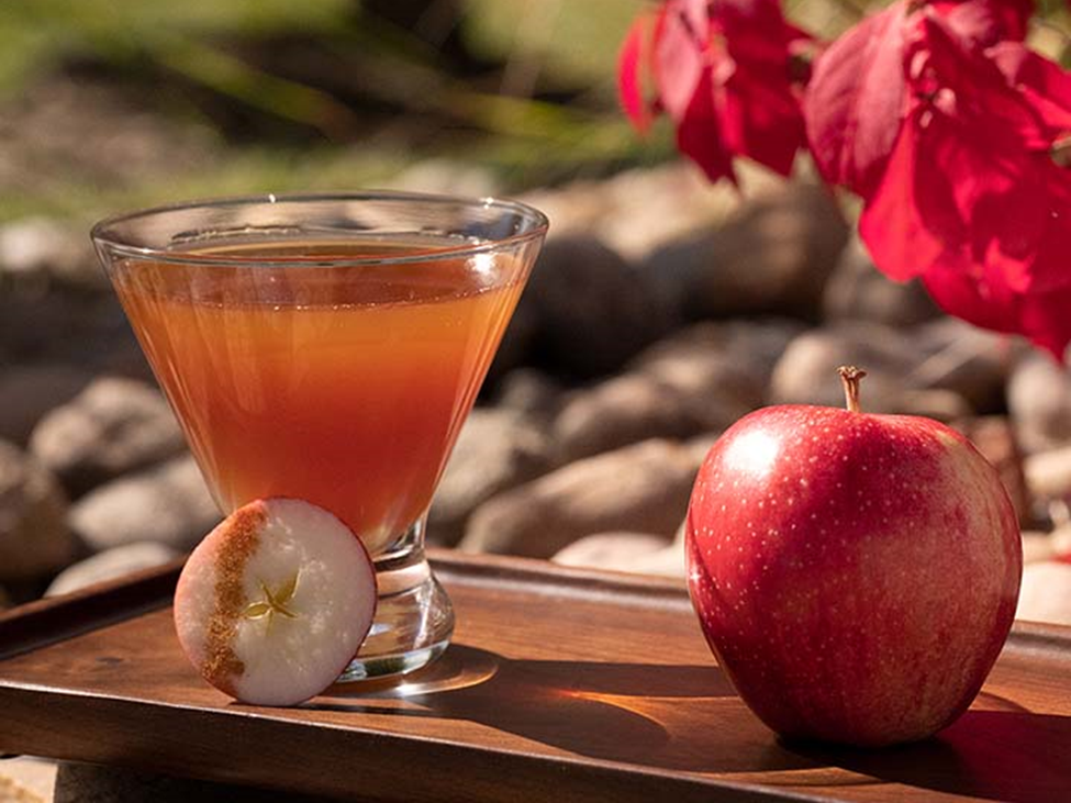 A cocktail glass with a caramel apple cocktail drink. Next to it is a bouquet of red flowers, a whole red apple, and an apple slice with a line of cinnamon dusted across it.