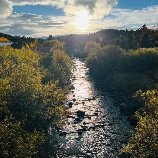 A sunlit creek ripples through a creekbed near Boulder Colorado. The creek has sharp stones jutting up throughout. Green and gold leafed trees line the shore. The sun sits low in the sky behind, showing it is late afternoon in autumn.