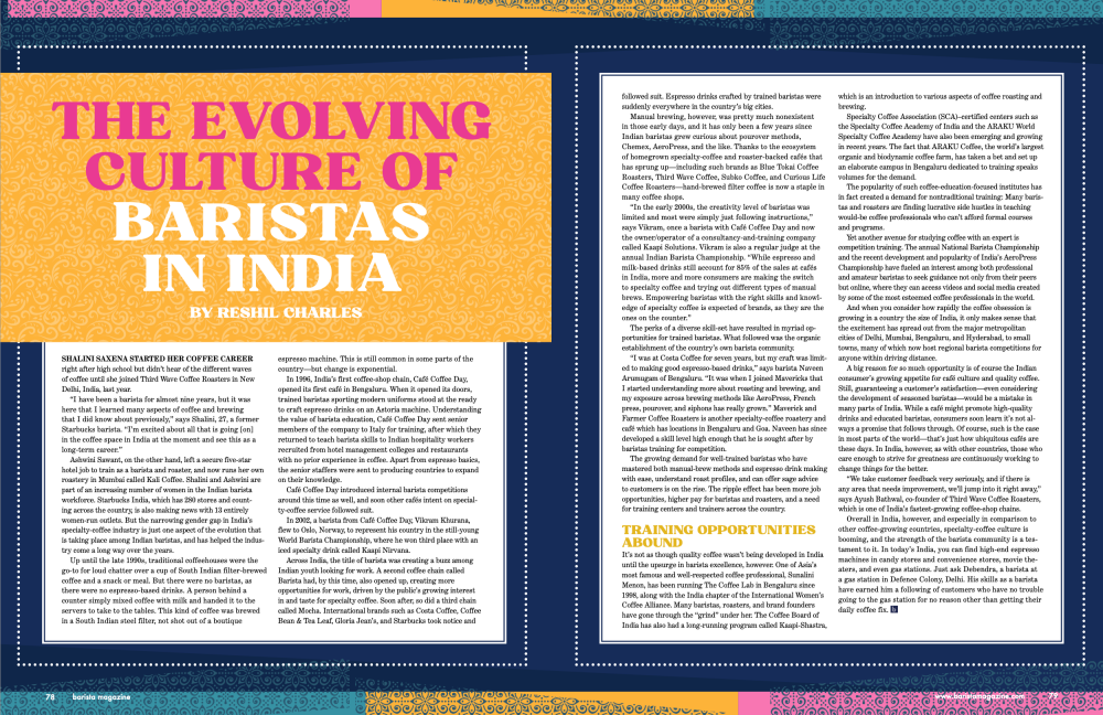 Spread of "Evolving Culture of Baristas in India" feature article in the December 2022 + January 2023 issue of Barista Magazine