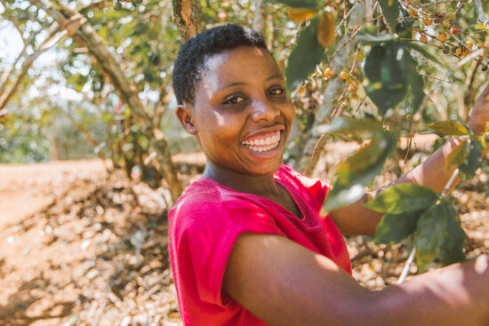 A Rwandan woman stands under a coffee tree, in the middle of picking fruit, wearing a bright pink shirt and smiling