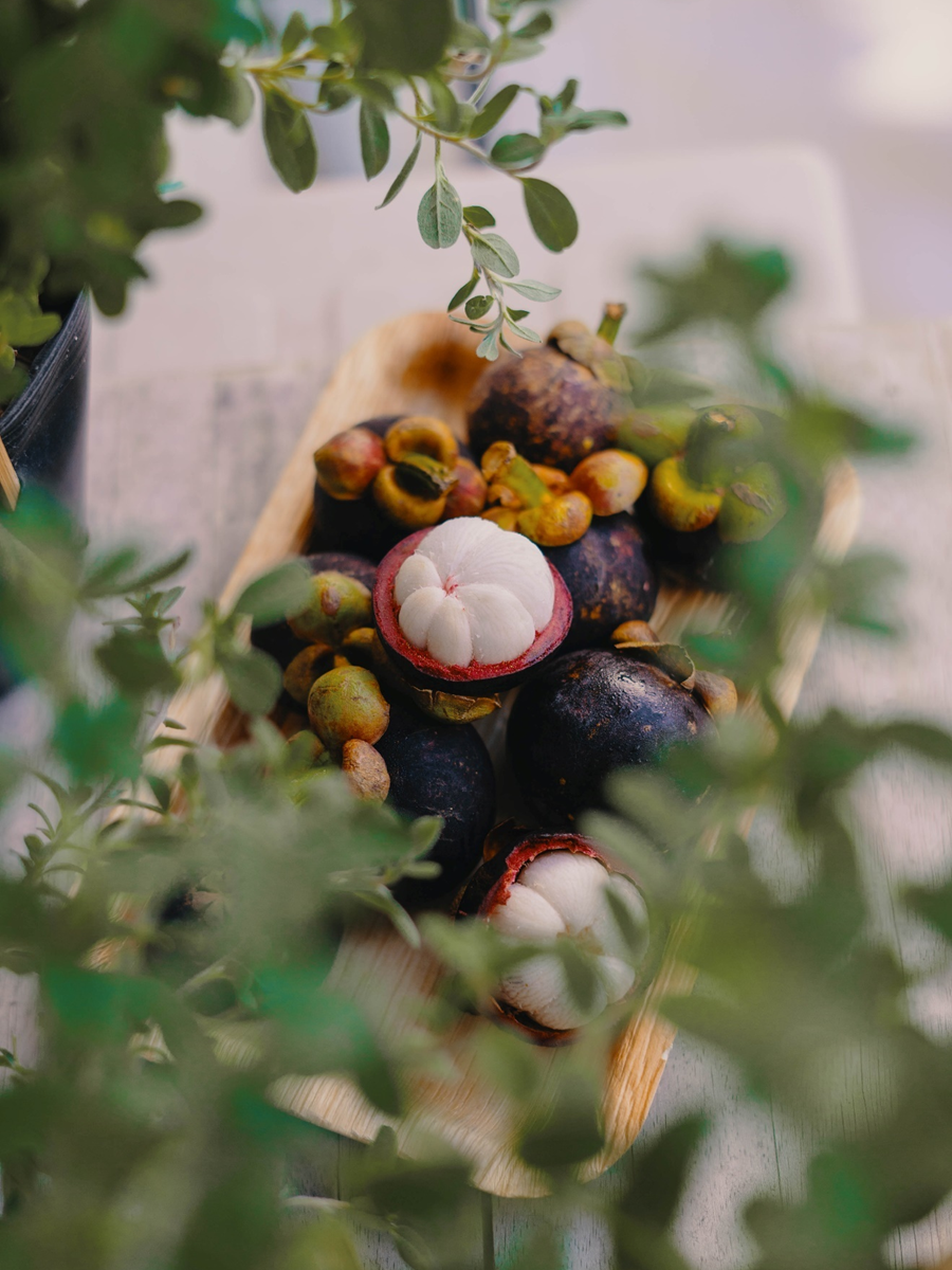 Peeled and whole mangosteen fruits on a rectangular wooden tray. Above are the leaves of a tree.