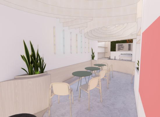 A rendering of the interior of the shop. One the ceiling are wavy build-outs that come down from the ceiling, which are similar to altitude drawings on maps. The counter space is in the back, with cafe tables and chairs lined up in front of a long bench built into the left side wall. Closer to the front, planters are recessed into the wall and feature tall pointy snake plants.