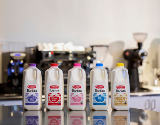 The Straus Barista milk lineup. Extra rich, whole, 2%, nonfat and half and half varieties are present.