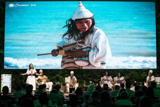 A woman addresses the audience, while on the screen behind an indigenous Colombian woman in a fabric cone hat holds a corn cob.