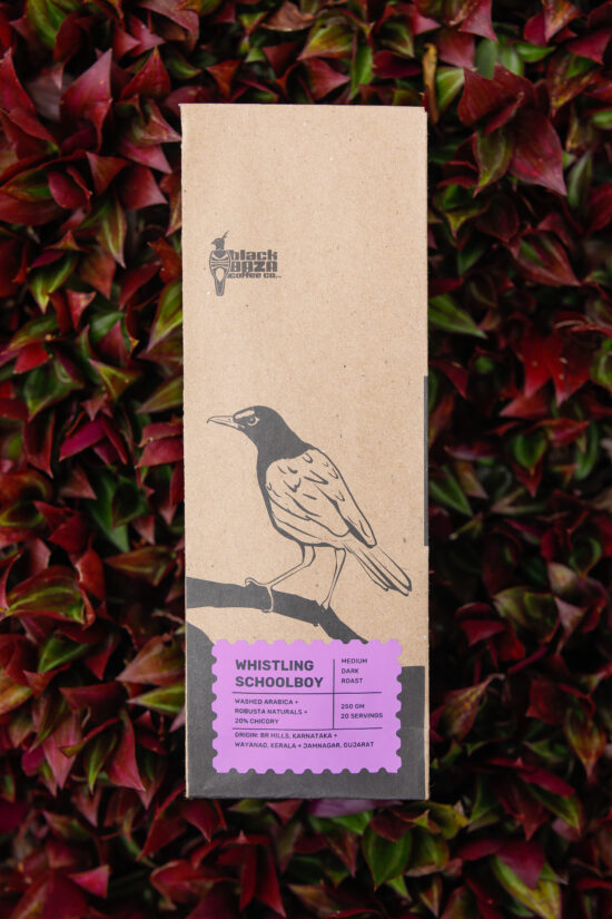 The Whistling Schoolboy package is a brown paper bag with a semi-realistic drawing of a Malabar Whistling Thrush. The coffee details on the front are in a stamp-bordered rectangle. 