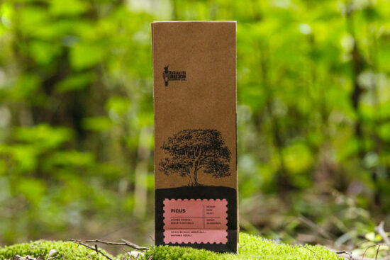This bag depicts a large ficus tree in black ink with a pinkish label. 