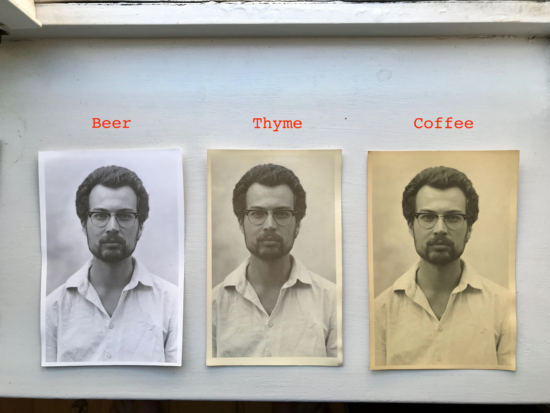 Three identical photos of a man with beard and glasses. Each has been processed with different solutions and yielded different color variations. The first is developed with beer, and is the most gray-toned. The second is developed with thyme,  and is slightly brownish. The third is developed with coffee, and is significantly more brown. 