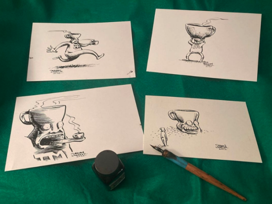 Four sketches of TMCM. In the first re runs with a cup of coffee. In the second, he lifts a coffee cup as big as himself over his head. Third, he holds out his tongue really far from his face, and a tiny coffee cup is balancing on his tongue. Last, it is just TMCM's head looking wild-eyed while an onlooker observes.