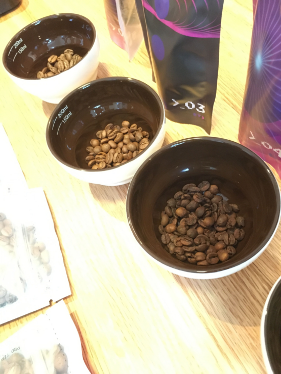 Close up of coffee beans before being ground and brewed.