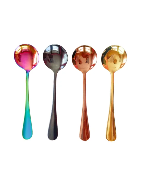 Four cupping spoons in a row: rainbow, black, rose gold, and gold colors.