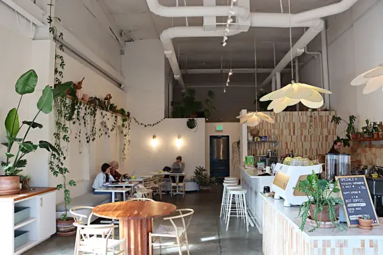 Interior of FUTURA. Whote walls and ceiling, with exposed pipes on the ceiling. Flower lamps hang over the bar and counter with white barstools on the right. A long bench with tables lines the wall on the left. 
The counter has potted plants, a small chalk menu board, and a white and gold espresso machine.