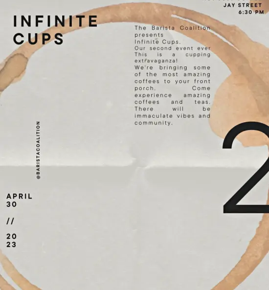 The event flyer is modeled after a coffee stain on paper. It lists event details of date and time and place, and reads : We're bringing some amazing coffees to your front porch.