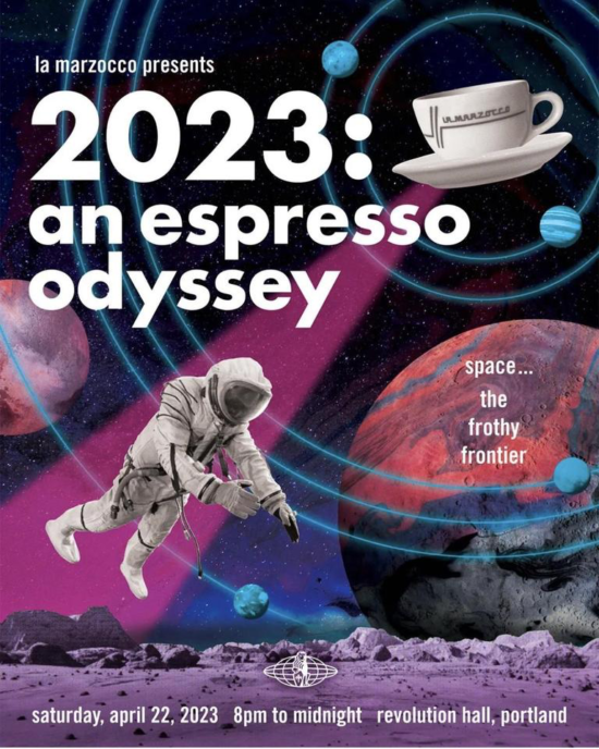 La Marzocco 2023: An espresso odyssey party poster.