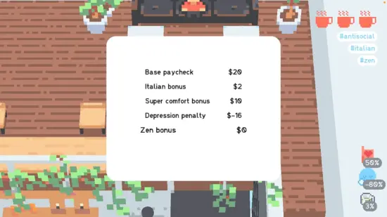 A screenshot of the game lists monetary accomplishments: Base paycheck $20, Italian bonus $2, Super comfort bonus, depression penalty, and zen bonus. The screen also shows number of coffees drunk and hashtags for the current job. Behind the list is a pixelated coffee shop.