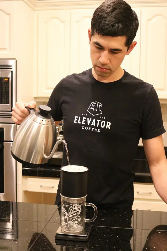 Andrew again in his kitchen making a pourover with a gooseneck kettle.