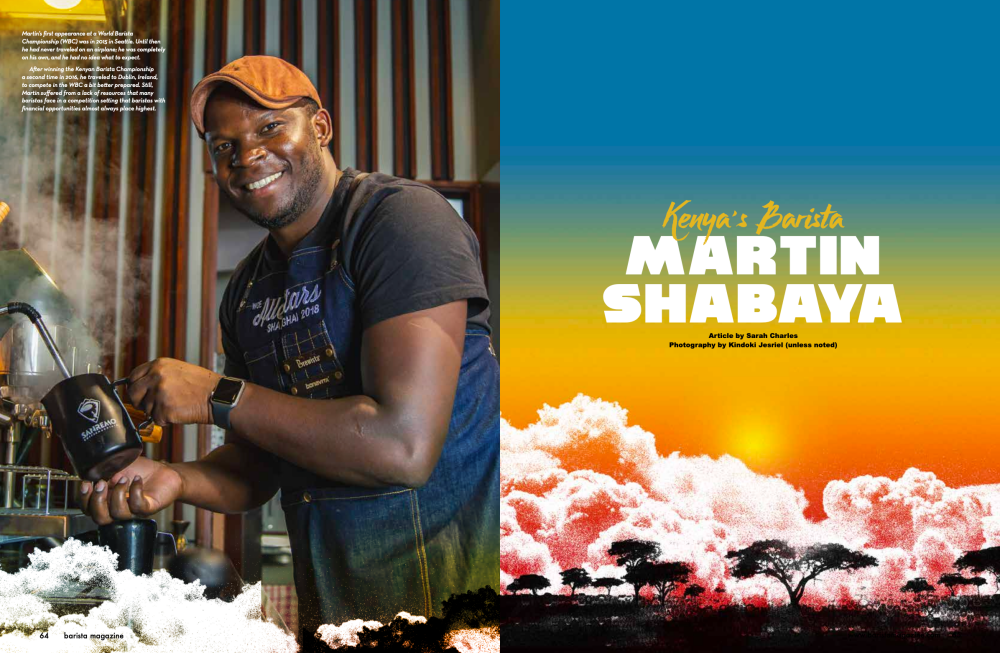 The opening spread of the cover feature in the June + July 2023 issue of Barista Magazine. Martin Shabaya is working with an espresso machine on the left page and the right page is the title of the article.