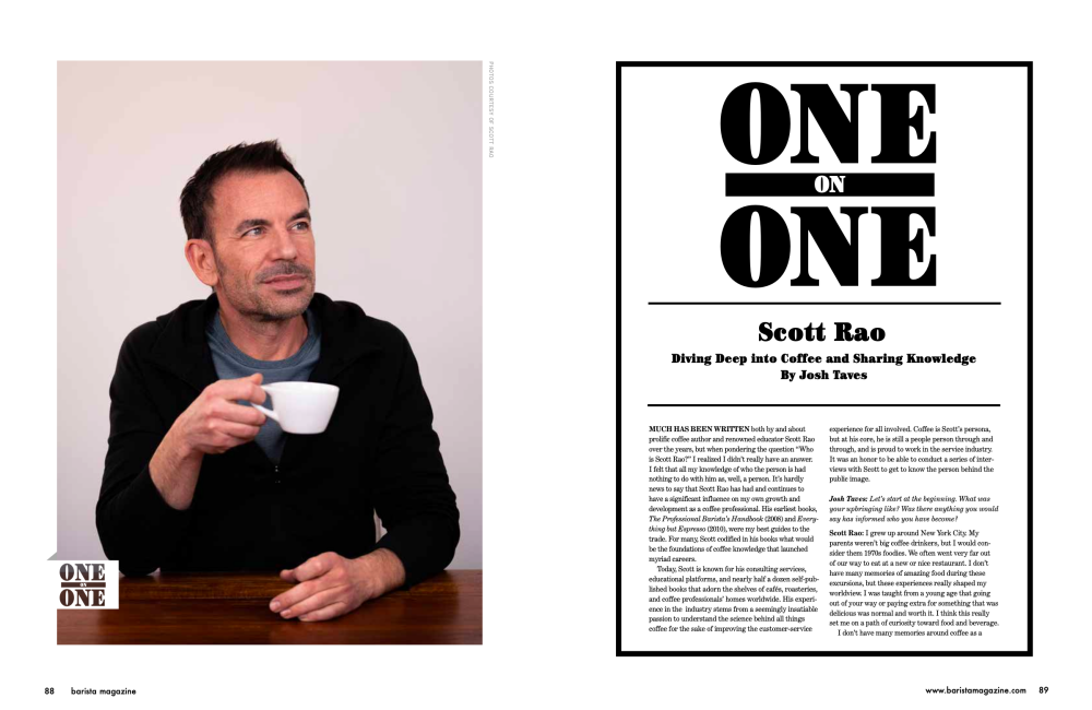 One on One two-page spread with a portrait of Scott Rao on the left page and the title and opening text on the right page.