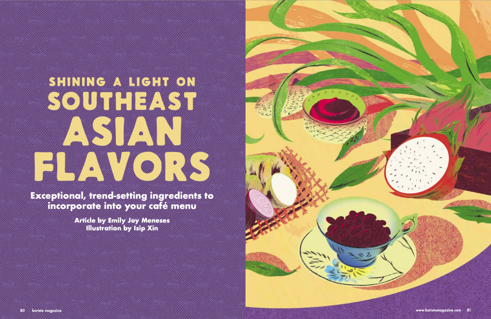 Shining a Light on Southeast Asian Flavors two-page spread with the title on the left page and an illustration of Asian ingredients on the right page.